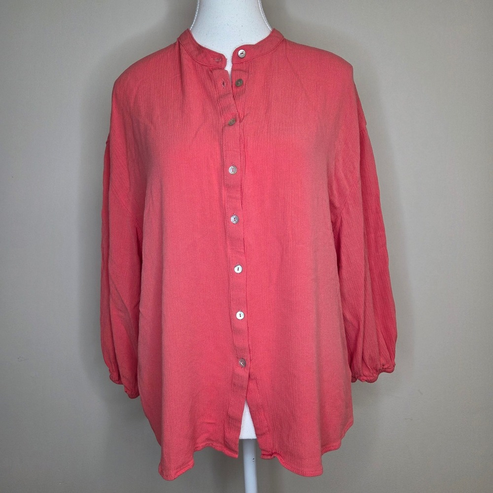 Z Supply Coral Pink Gauze Button Down Balloon Sleeve Top Small Relaxed Peasant‎
